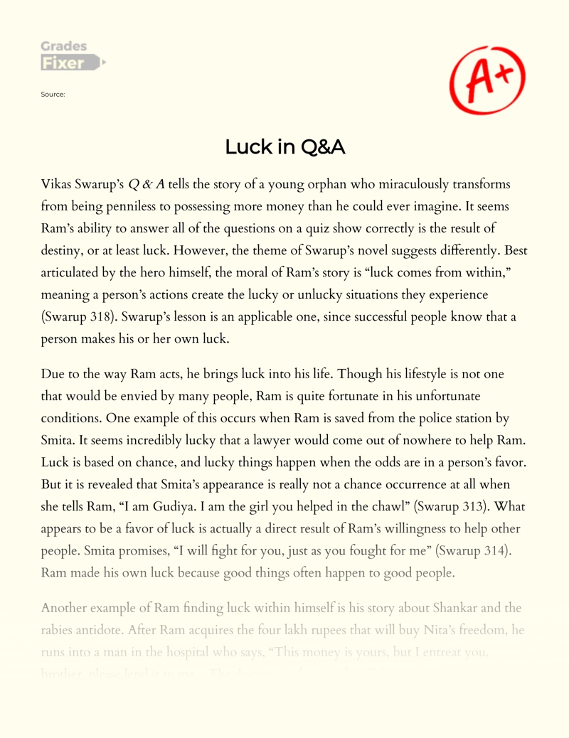 The Role of Luck in Vikas Swarup’s "Q & A" Essay