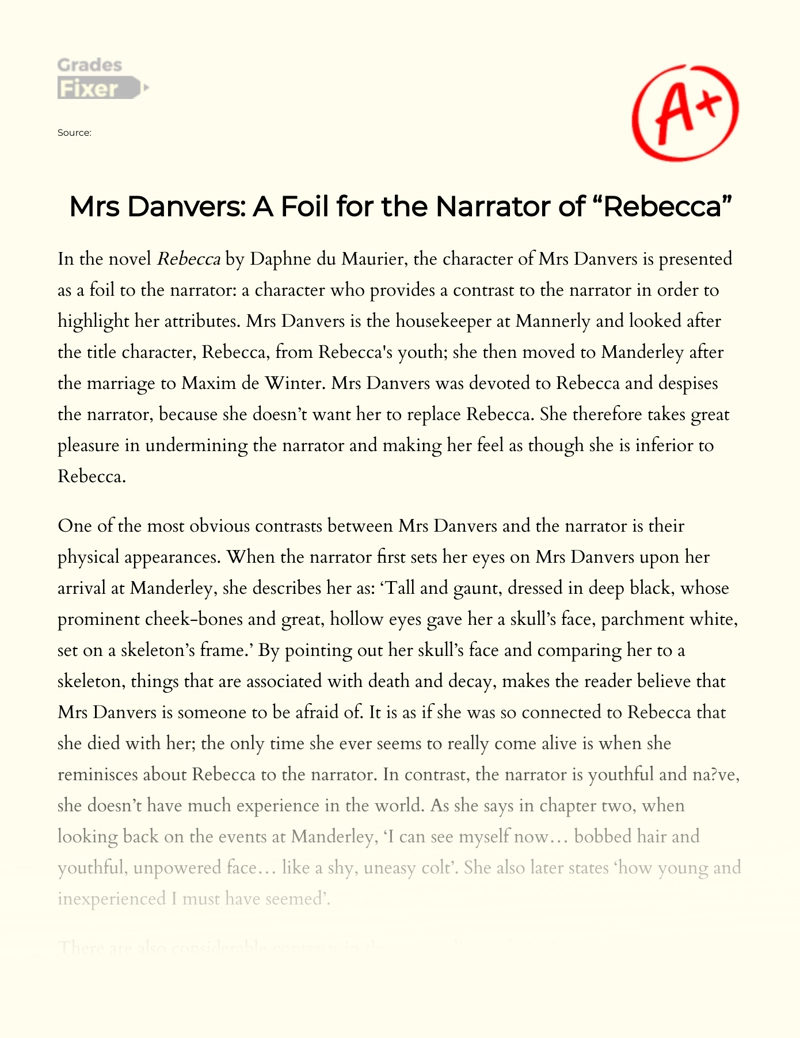 Mrs Danvers: a Foil for The Narrator of "Rebecca" Essay