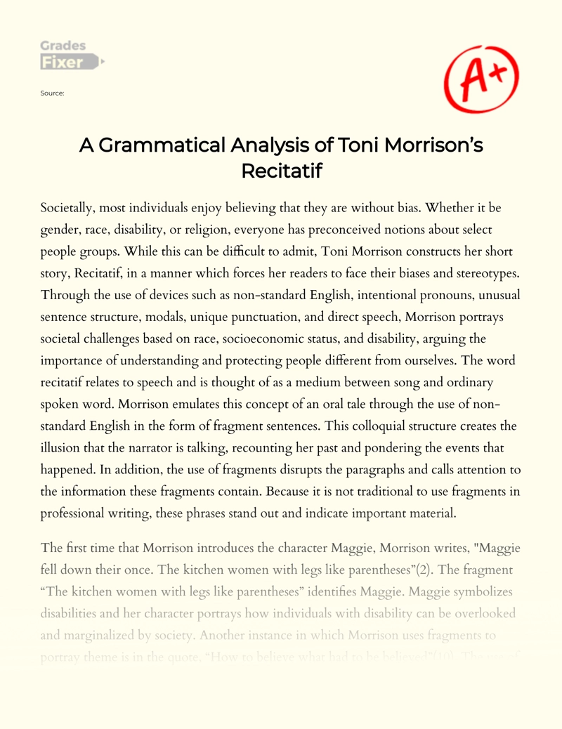A Grammatical Analysis of Toni Morrison’s Recitatif Essay