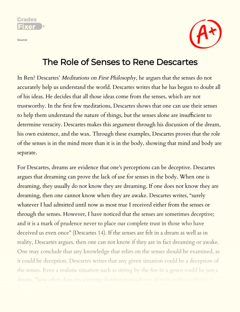 The Role of Senses to Rene Descartes Essay