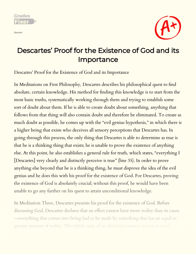 Descartes’ Proof for The Existence of God and Its Importance Essay