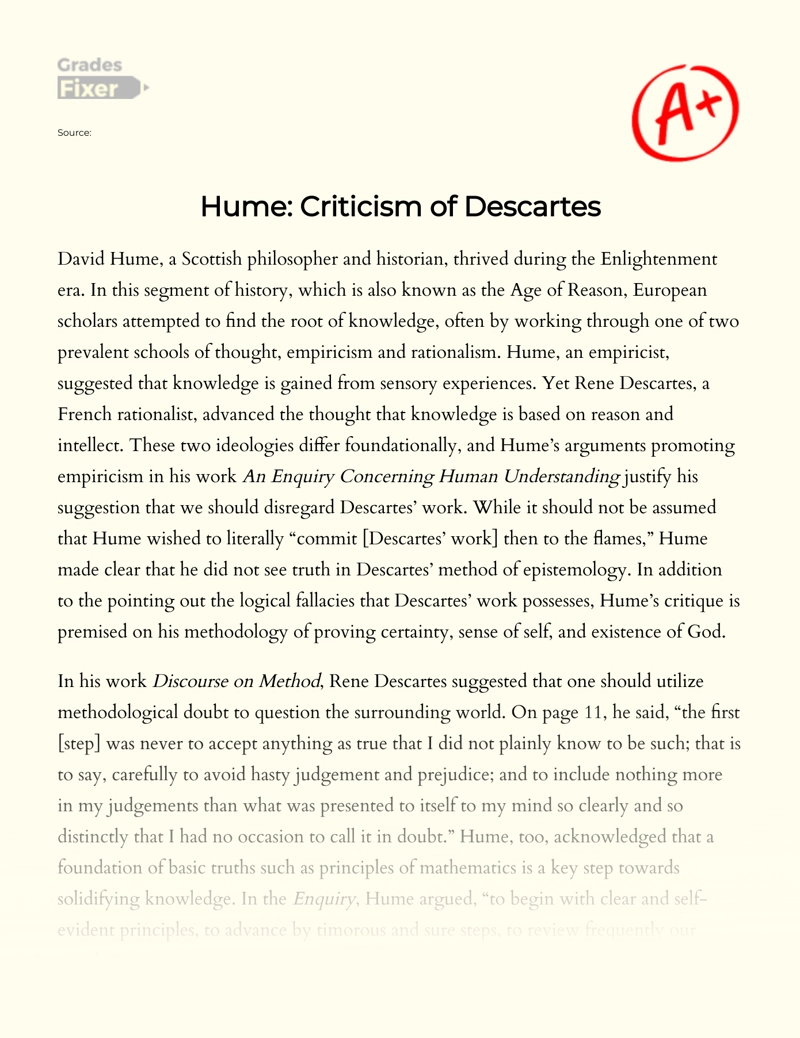 Hume: Criticism of Descartes Essay
