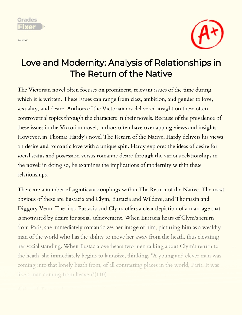Love and Modernity: Analysis of Relationships in The Return of The Native Essay