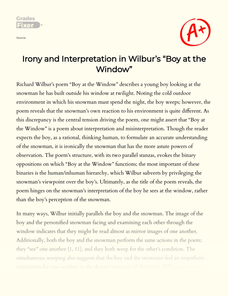 Irony and Interpretation in Wilbur’s "Boy at The Window" Essay