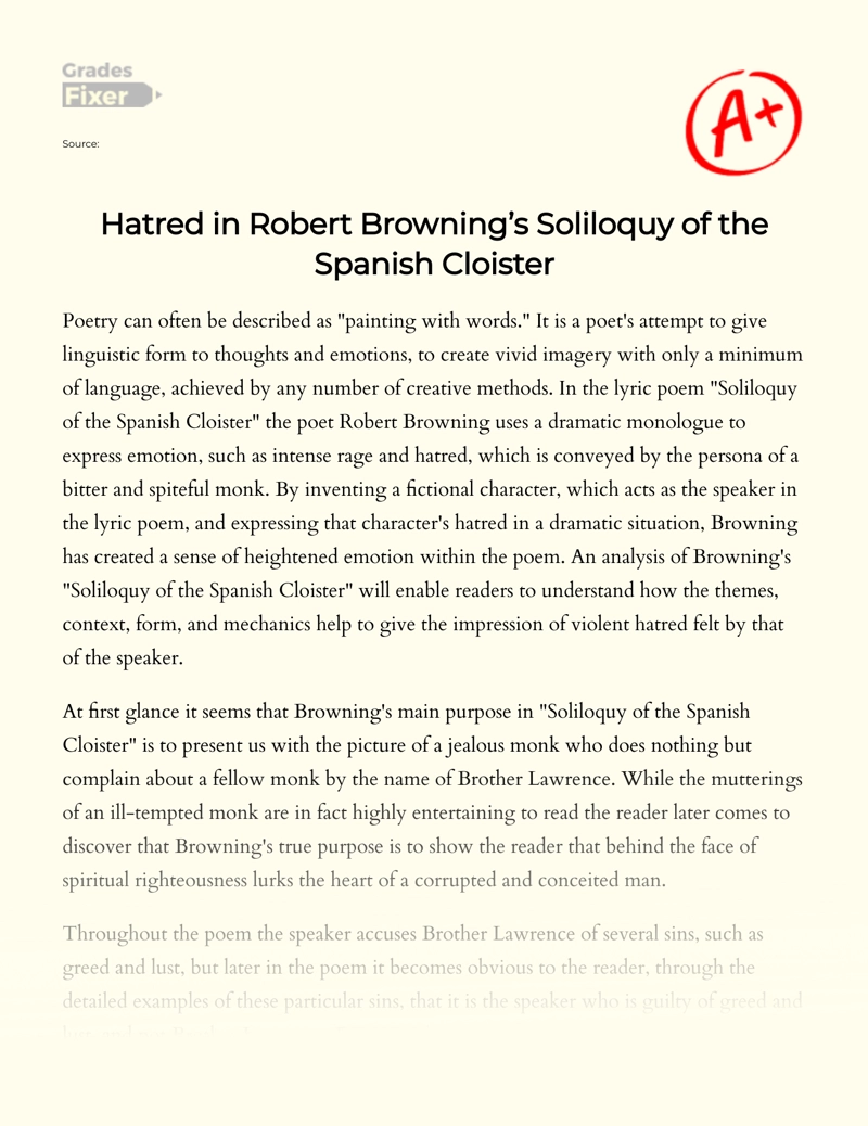 Hatred in Robert Browning’s Soliloquy of The Spanish Cloister Essay