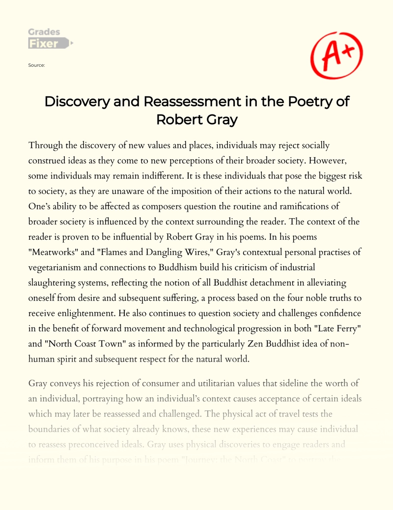 Discovery and Reassessment in The Poetry of Robert Gray Essay