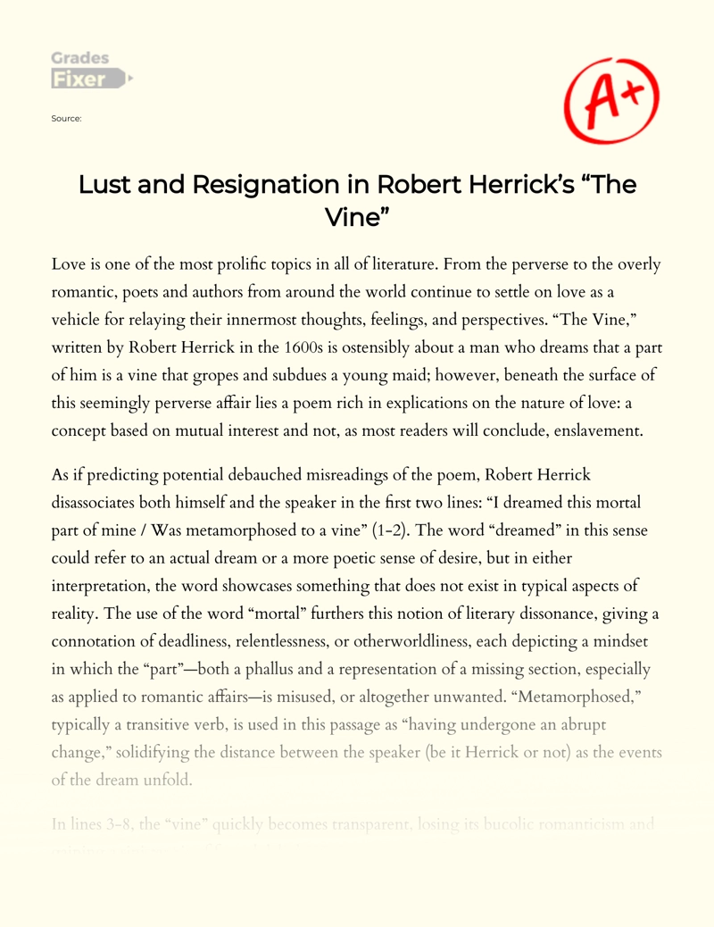 Lust and Resignation in Robert Herrick’s "The Vine" Essay