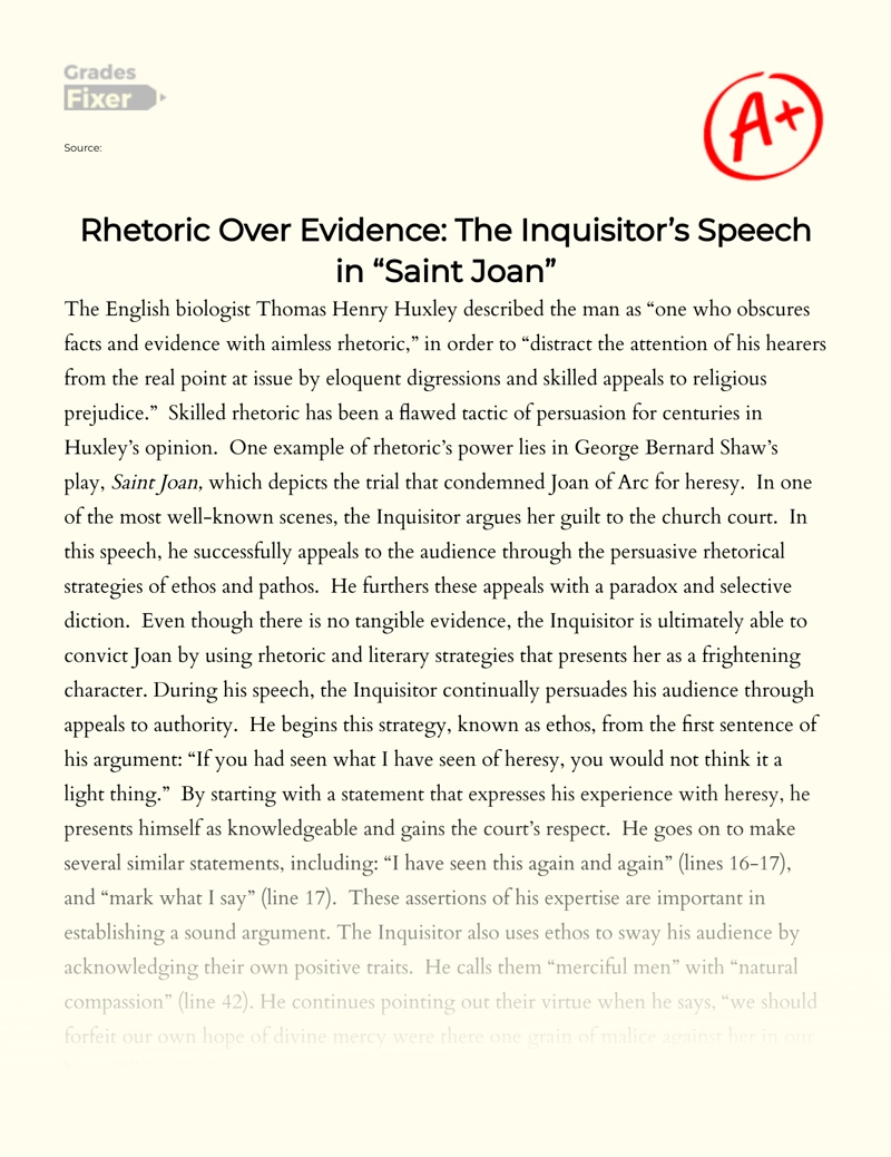 Rhetoric Over Evidence: The Inquisitor’s Speech in "Saint Joan" Essay