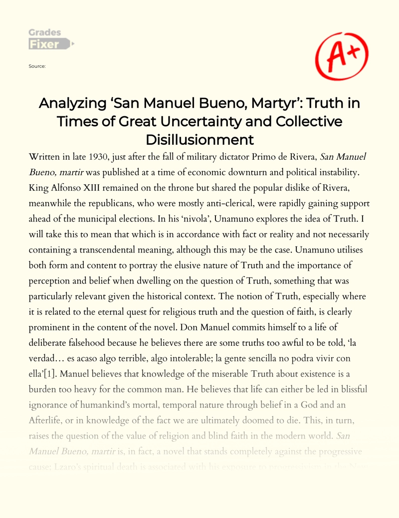 Analyzing 'San Manuel Bueno, Martyr': Truth in Times of Uncertainty Essay