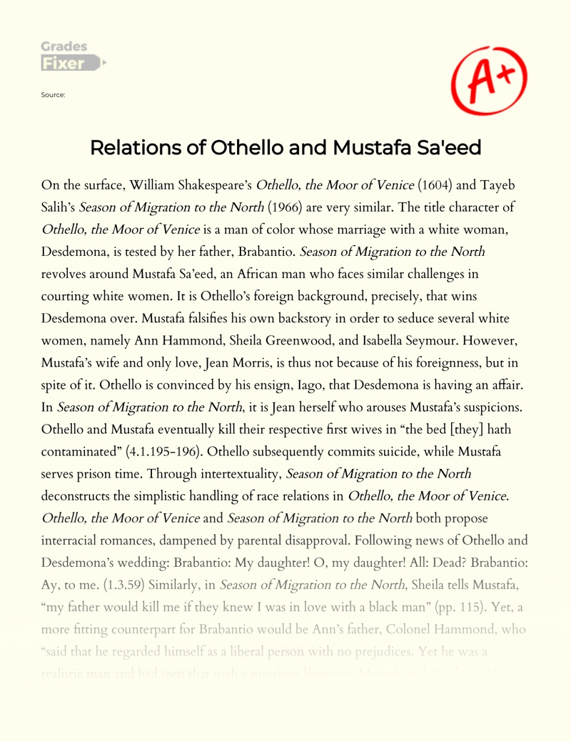 Relations of Othello and Mustafa Sa'eed Essay