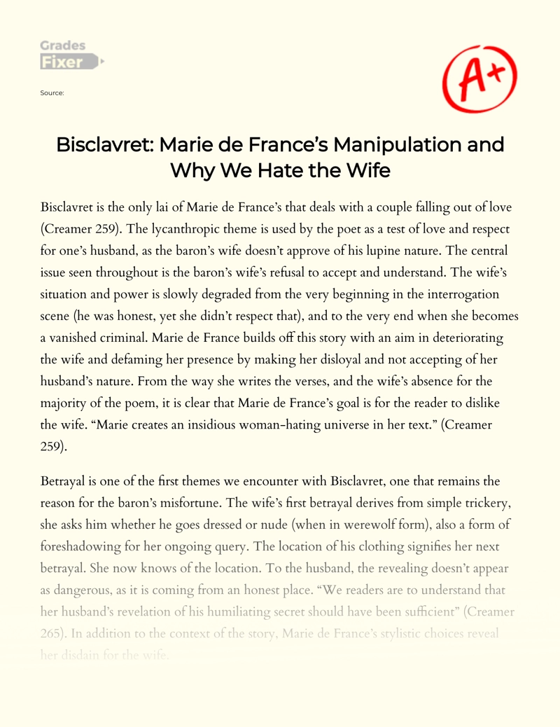 Bisclavret: Marie De France’s Manipulation and Why We Hate The Wife Essay