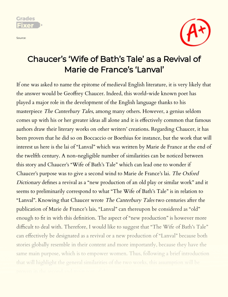 Chaucer's "Wife of Bath's Tale" as a Revival of "Marie De France's "Lanval" essay