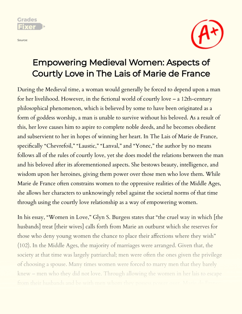 Empowering Medieval Women: Aspects of Love in "The Lais of Marie De France" Essay