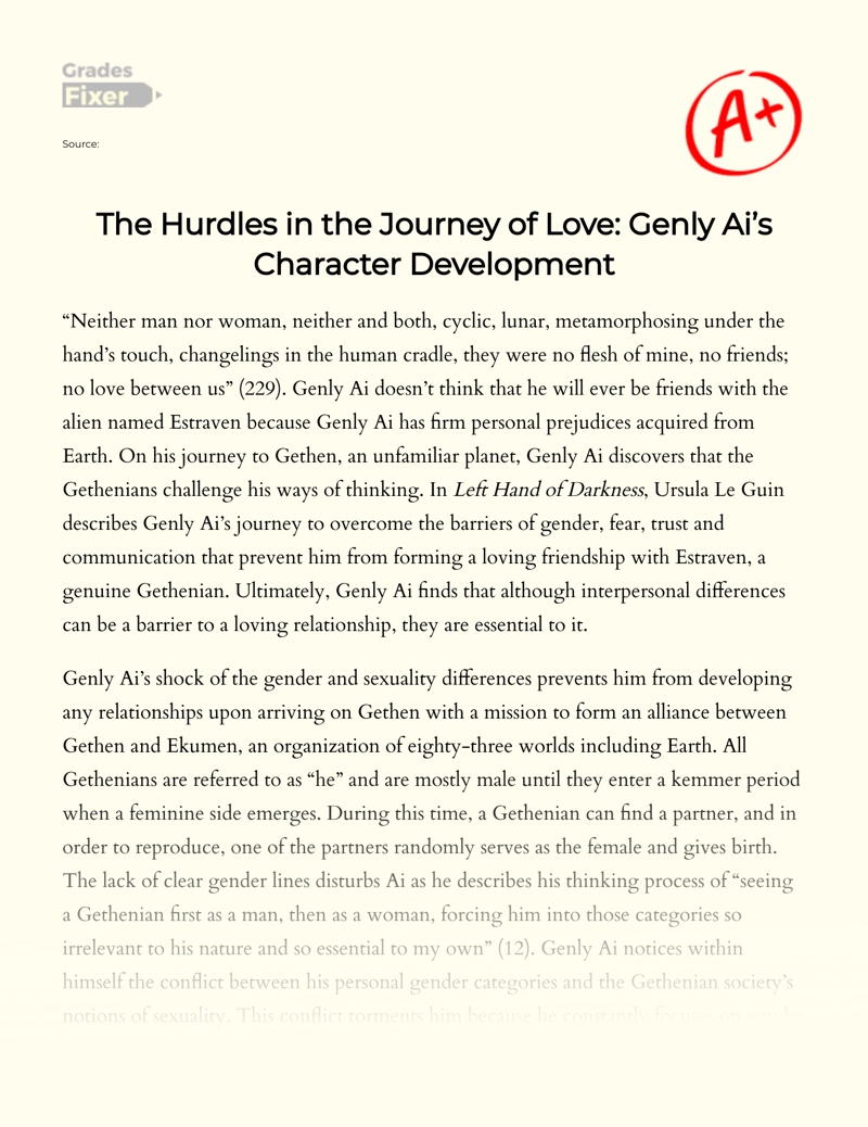 The Hurdles in The Journey of Love: Genly Ai’s Character Development Essay