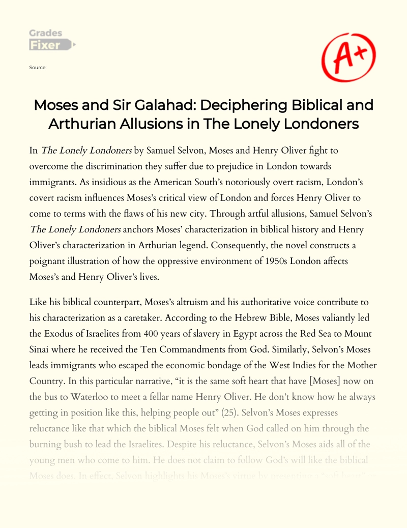 Moses and Sir Galahad: Deciphering Biblical and Arthurian Allusions in The Lonely Londoners Essay
