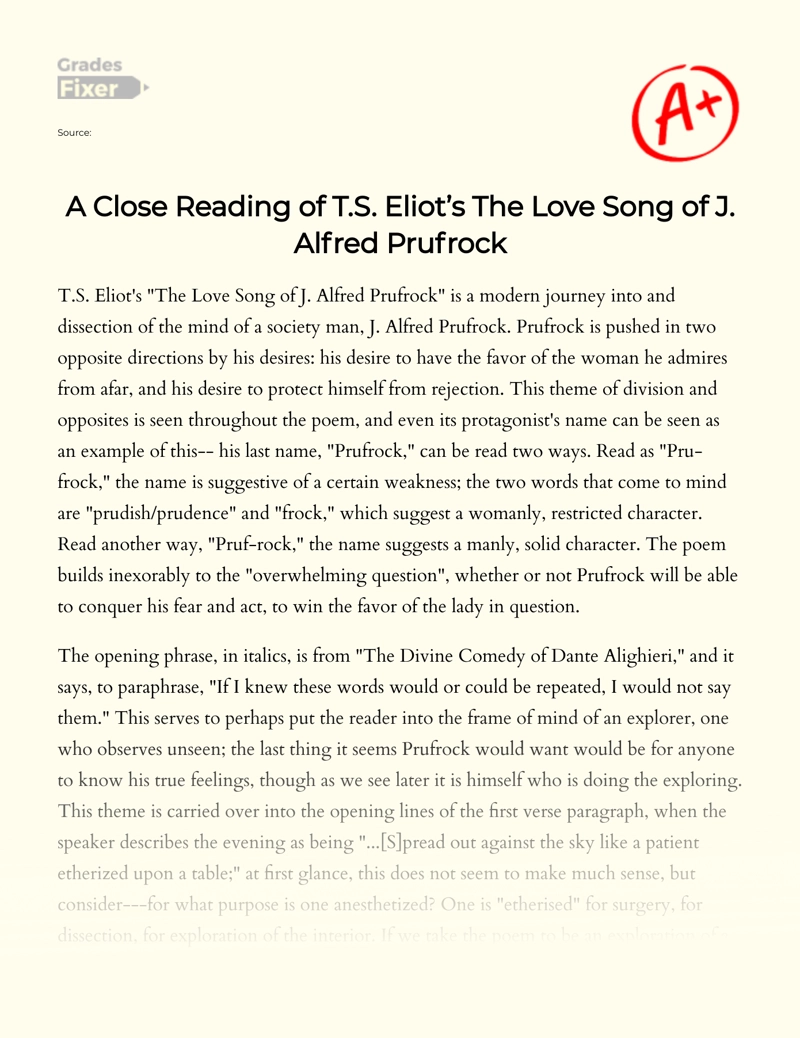 A Close Reading of T.s. Eliot’s The Love Song of J. Alfred Prufrock essay