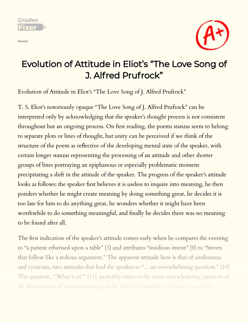 Evolution of Attitude in Eliot’s "The Love Song of J. Alfred Prufrock" Essay