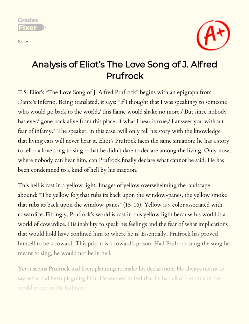 Analysis of Eliot’s The Love Song of J. Alfred Prufrock essay