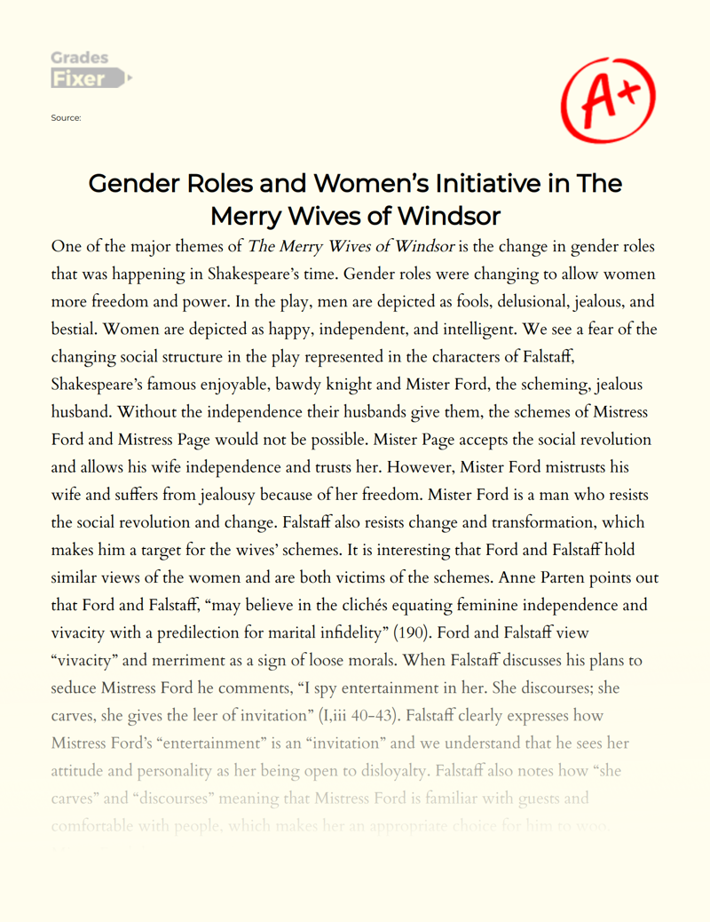 Gender Roles and Women’s Initiative in The Merry Wives of Windsor Essay