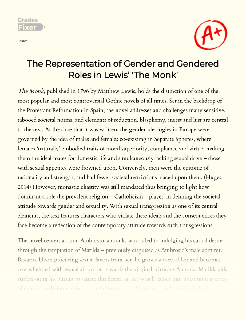 The Representation of Gender and Gendered Roles in "The Monk" by Gregory Lewis Essay