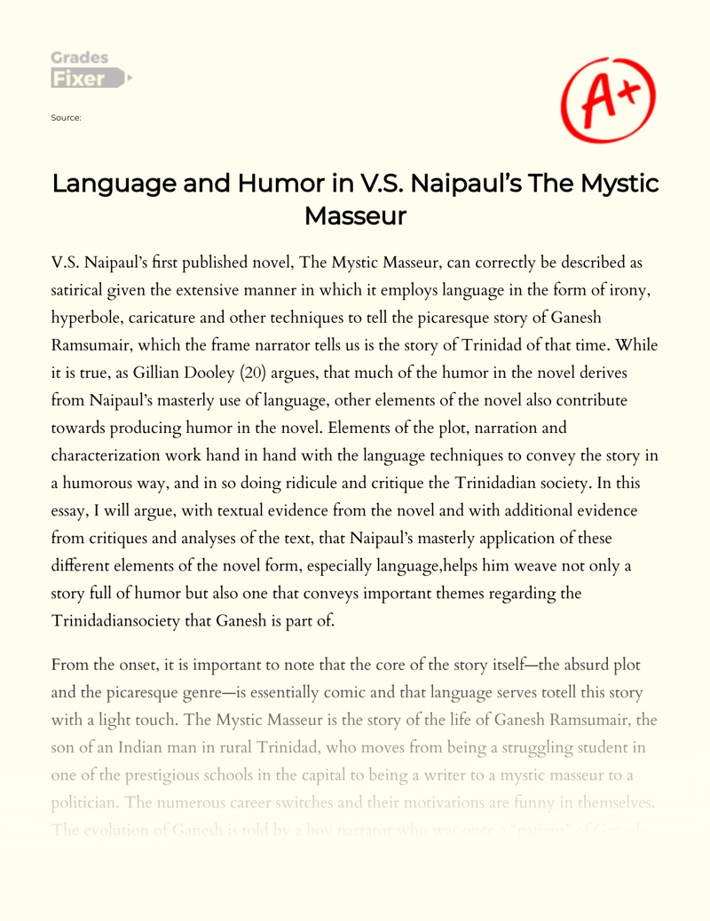 Language and Humor in V.s. Naipaul’s The Mystic Masseur Essay