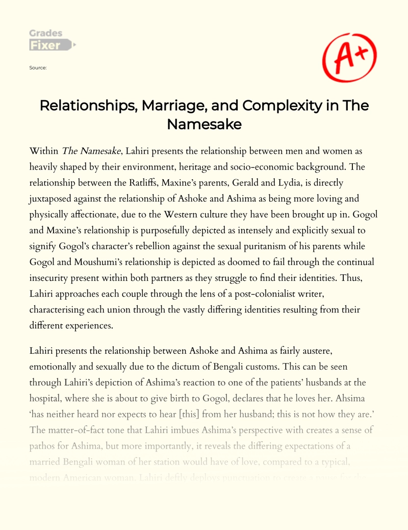 Relationships, Marriage, and Complexity in The Namesake essay