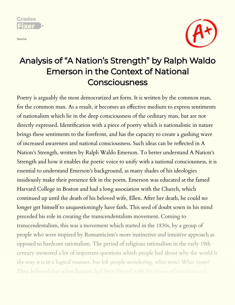 Analysis of "A Nation’s Strength" by Ralph Waldo Emerson in The Context of National Consciousness Essay