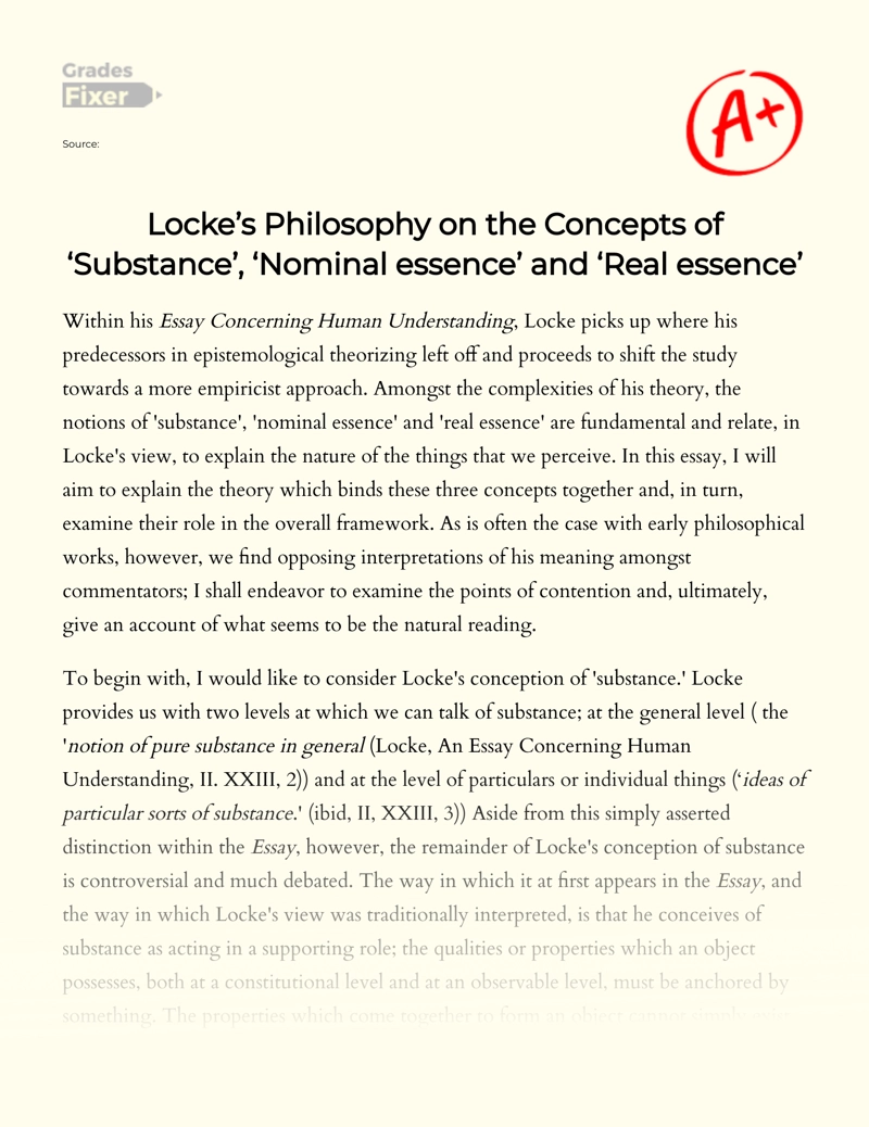 Locke’s Philosophy on The Concepts of ‘substance’, ‘nominal Essence’ and ‘real Essence’ essay