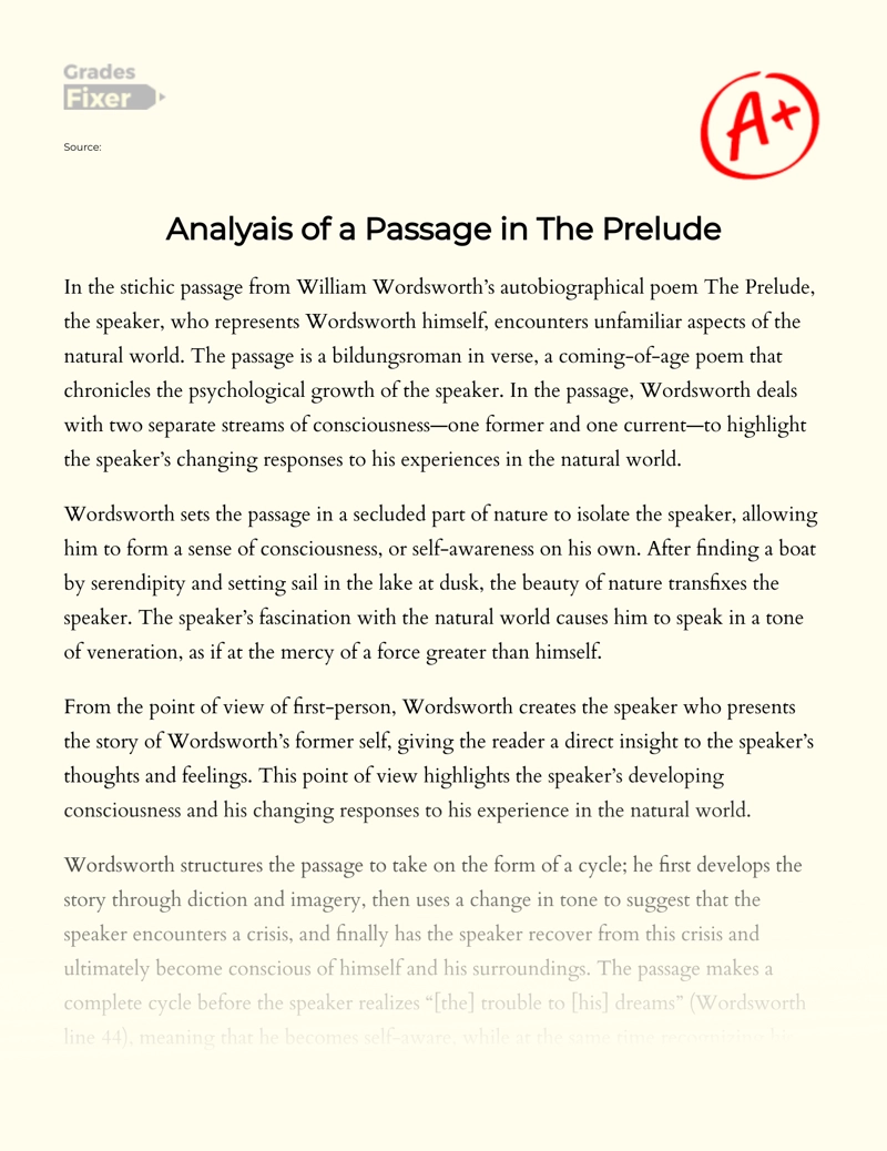 Analysis of a Passage in The Prelude essay