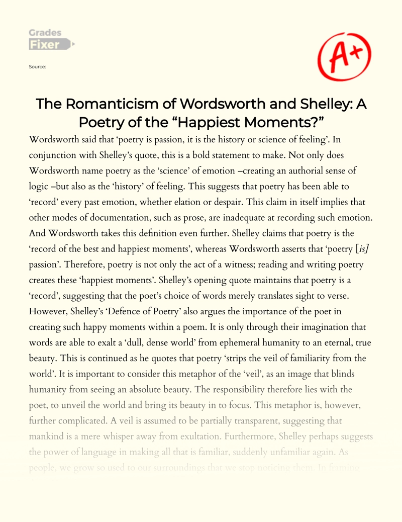 The Romanticism of Wordsworth and Shelley: a Poetry of The "Happiest Moments" Essay