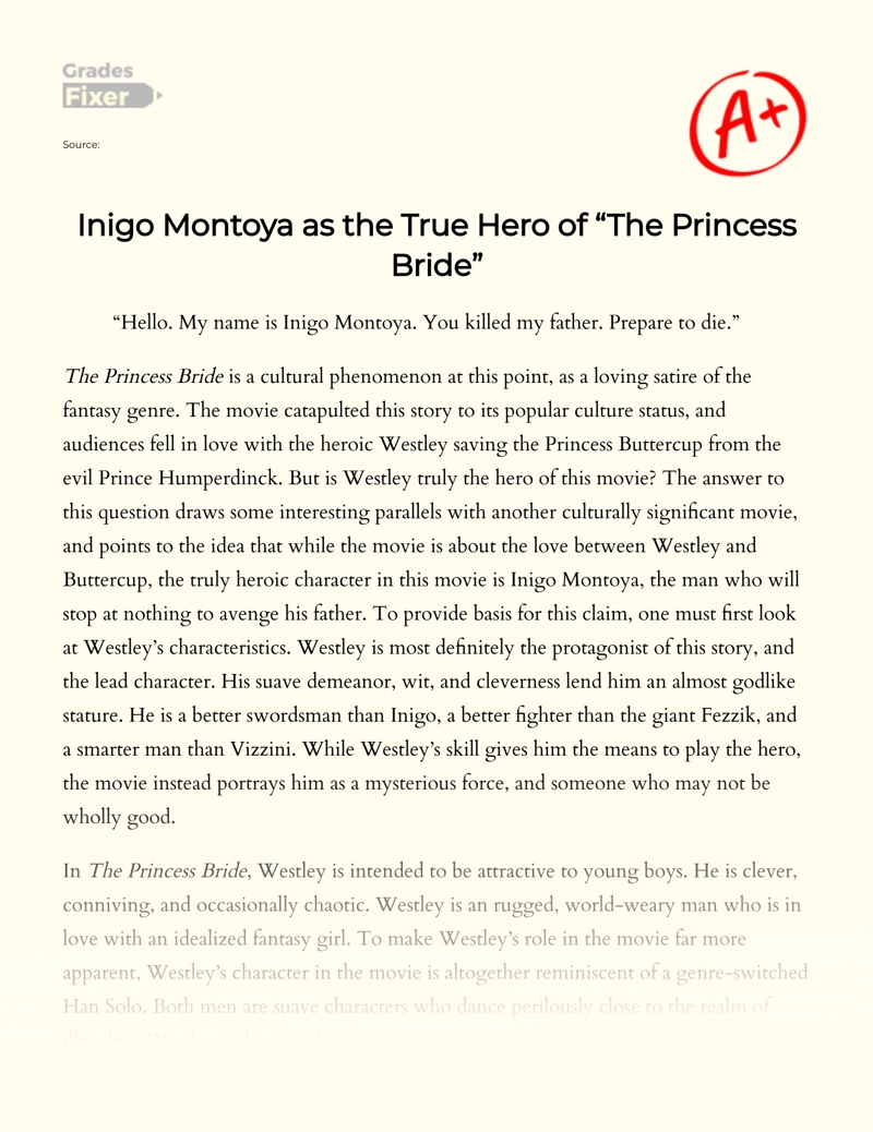 Inigo Montoya as The True Hero of "The Princess Bride" essay