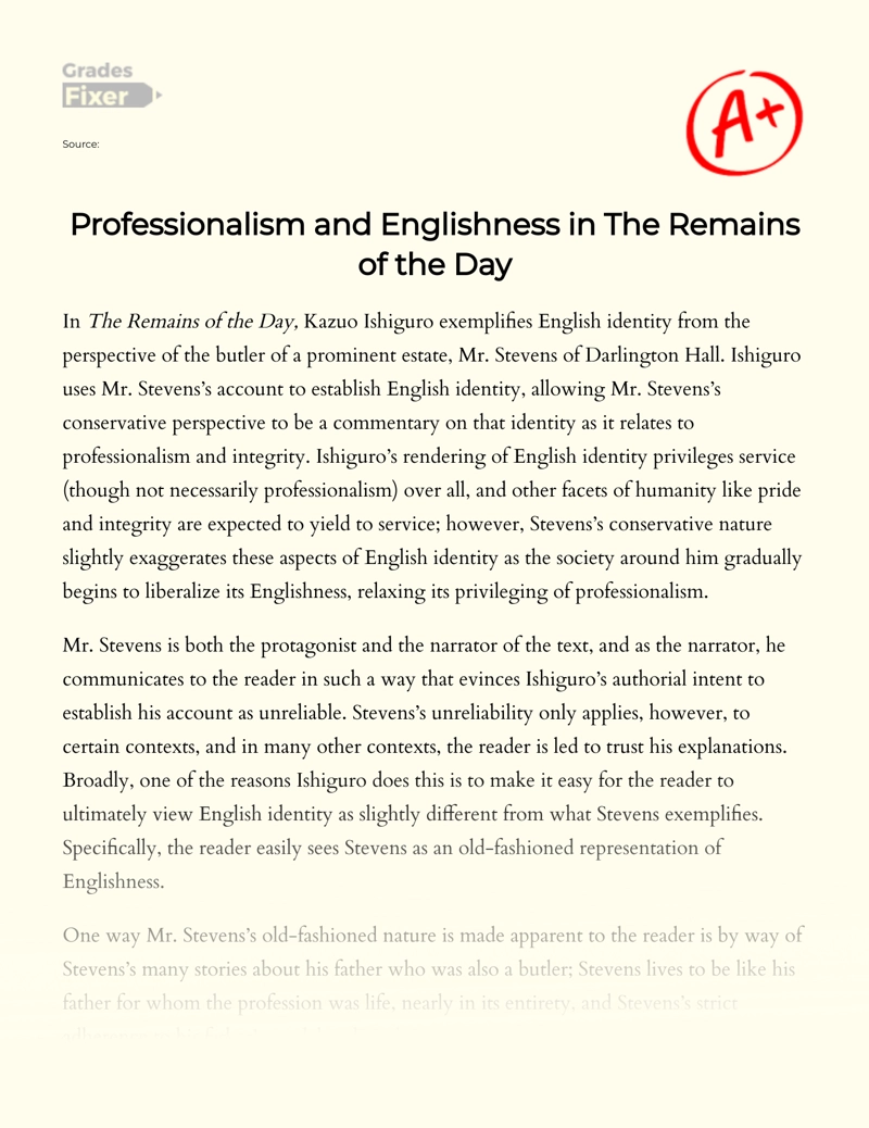 Professionalism and Englishness in The Remains of The Day Essay