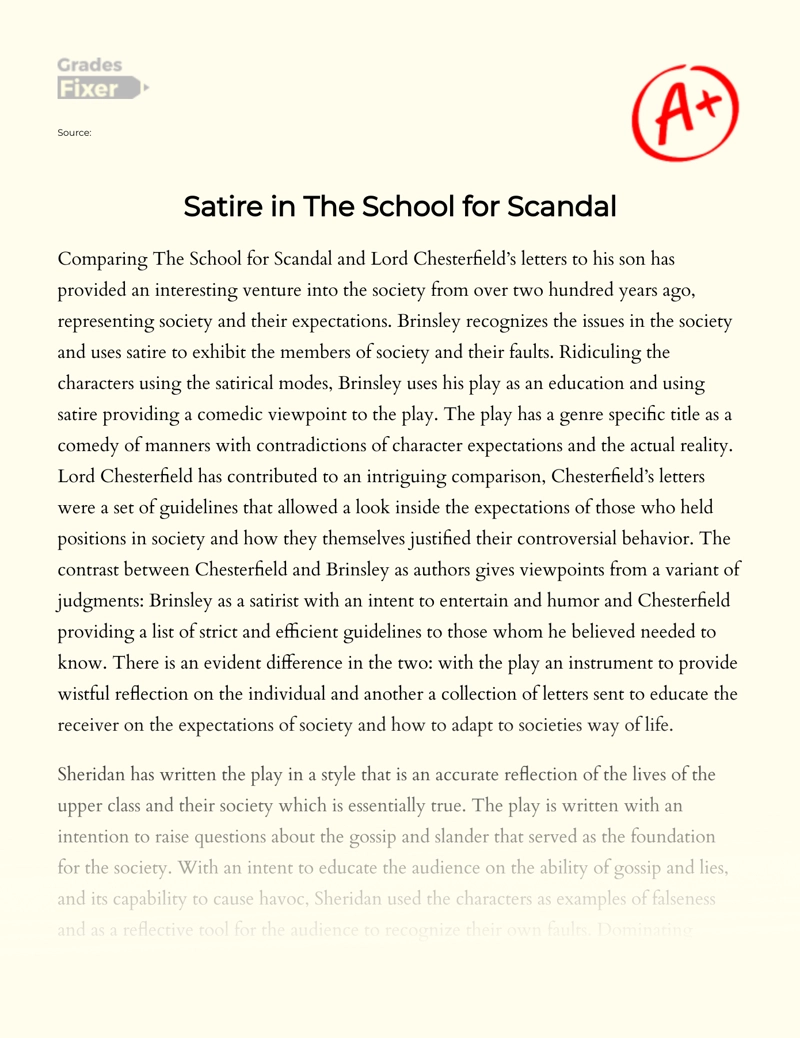 Comparison of The School for Scandal and Lord Chesterfield’s Letters to His Son Essay