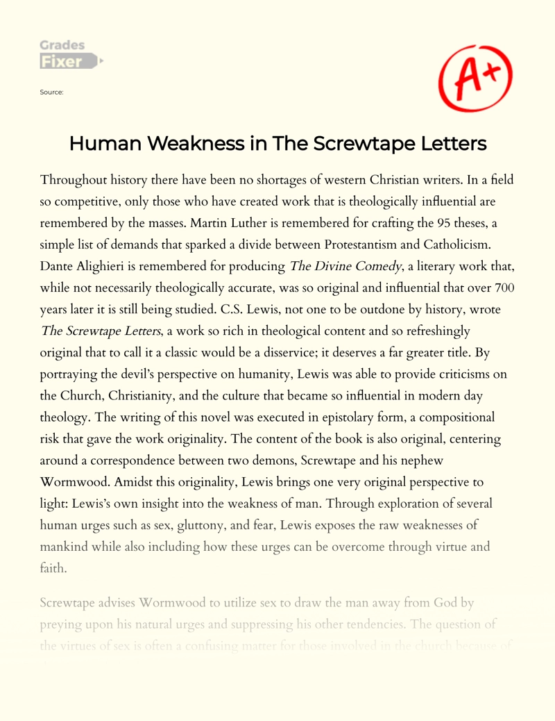 Human Weakness in The Screwtape Letters Essay