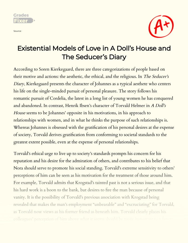Existential Models of Love in a Doll’s House and The Seducer’s Diary Essay