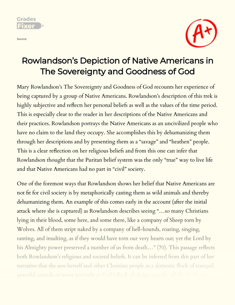 Rowlandson’s Depiction of Native Americans in The Sovereignty and Goodness of God essay