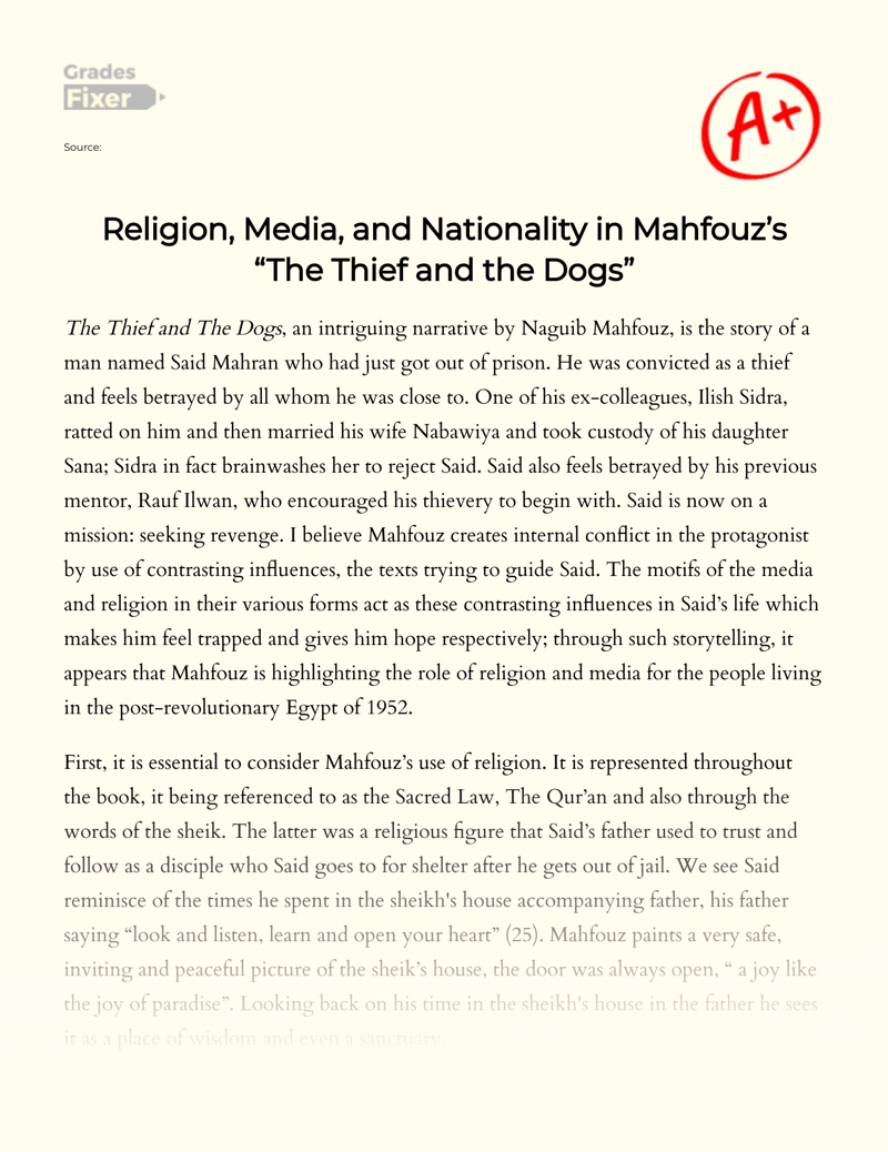 Religion, Media, and Nationality in Mahfouz’s "The Thief and The Dogs" Essay