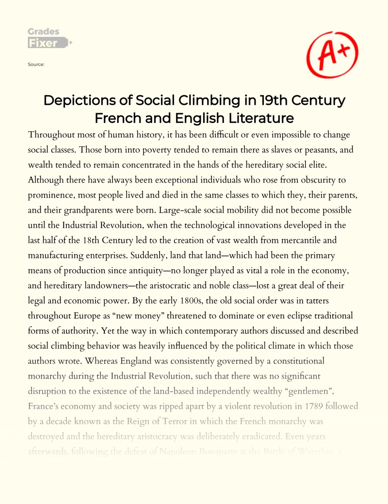 Depictions of Social Climbing in 19th Century French and English Literature Essay