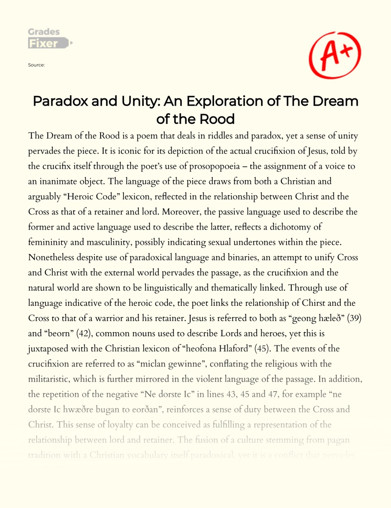 Paradox and Unity: an Exploration of The Dream of The Rood Essay
