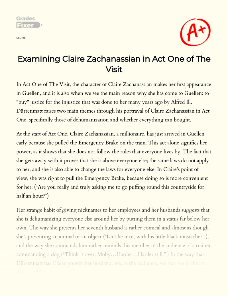Examining Claire Zachanassian in Act One of The Visit Essay