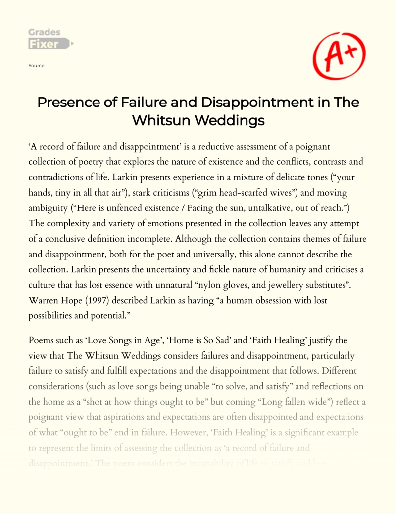 Presence of Failure and Disappointment in The Whitsun Weddings Essay