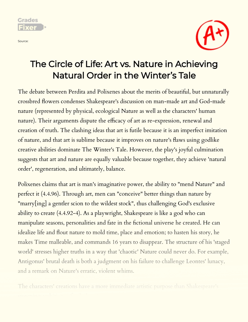 The Circle of Life: Art Vs. Nature in Achieving Natural Order in The Winter’s Tale Essay