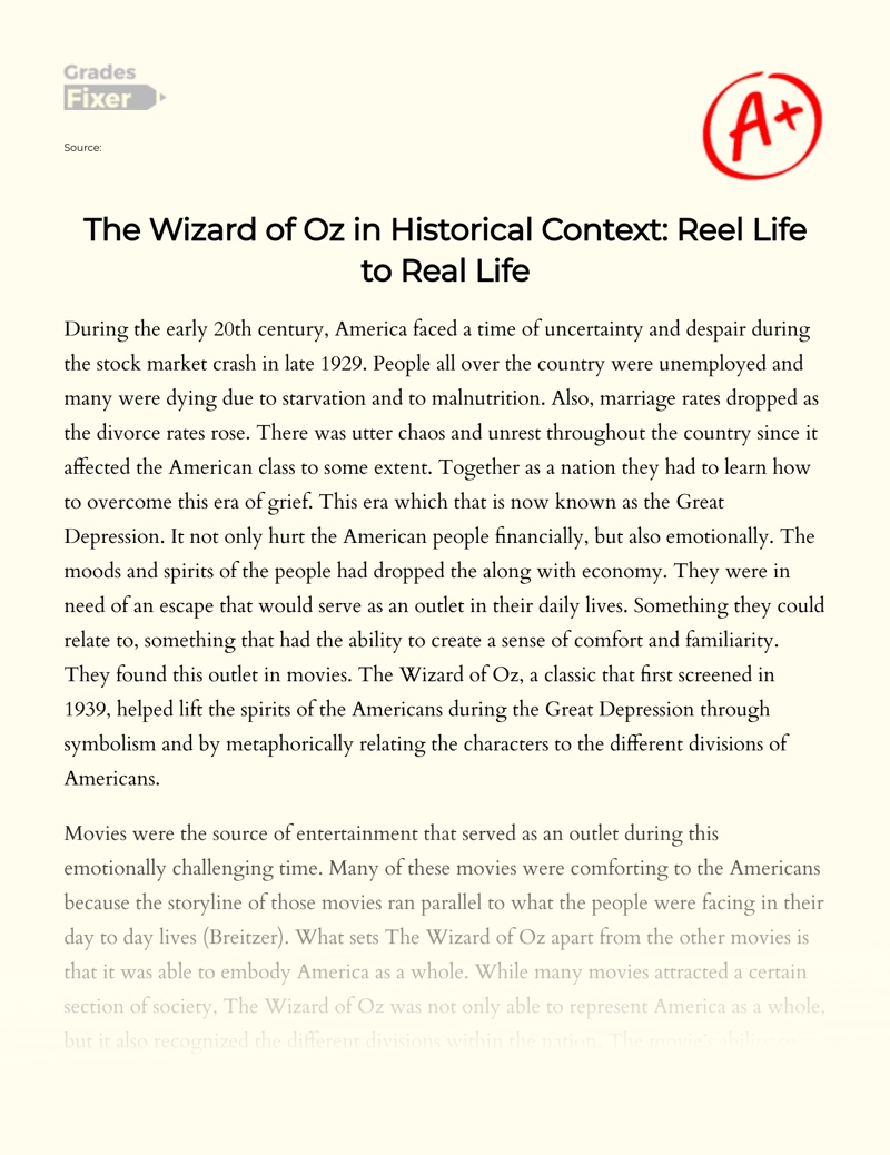 The Wizard of Oz in Historical Context: Reel Life to Real Life Essay