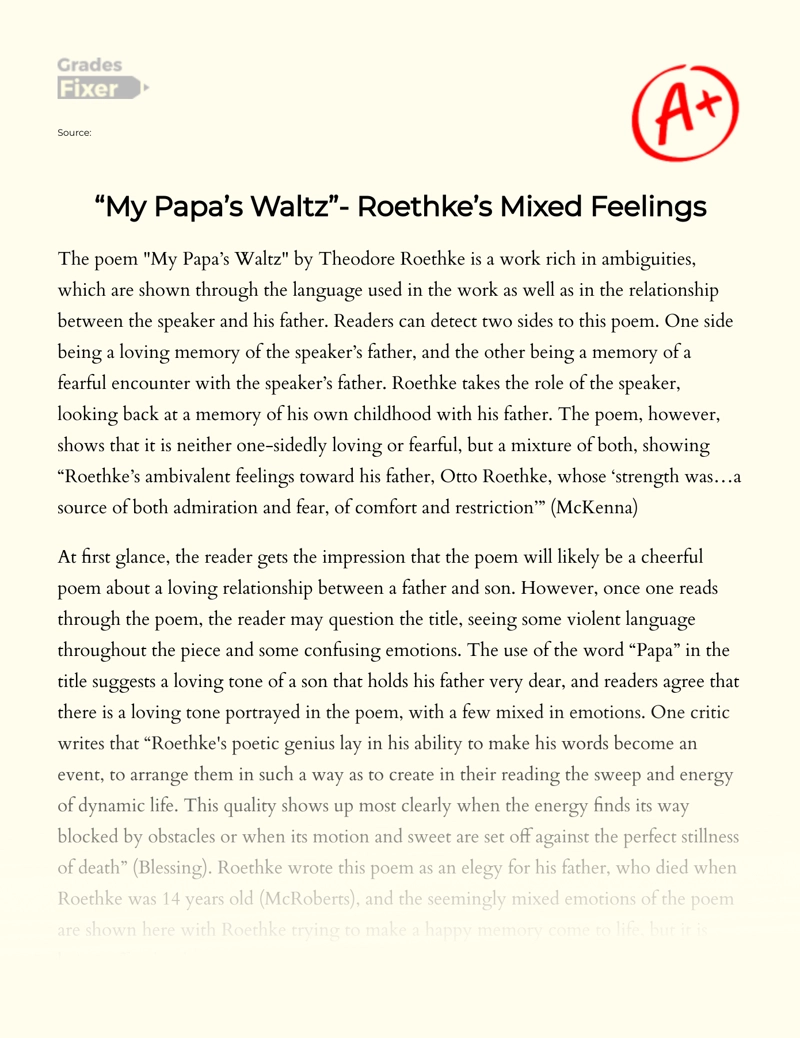 "My Papa’s Waltz"- Roethke’s Mixed Feelings Essay