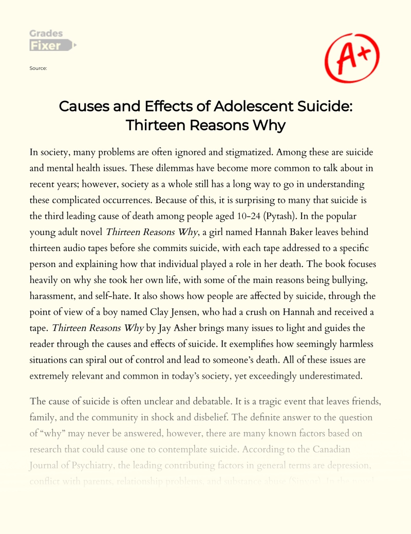 Causes and Effects of Adolescent Suicide: Thirteen Reasons Why Essay