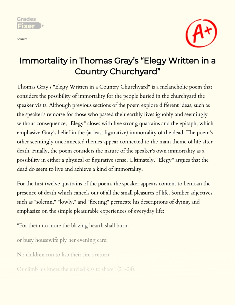Immortality in Thomas Gray’s "Elegy Written in a Country Churchyard" Essay