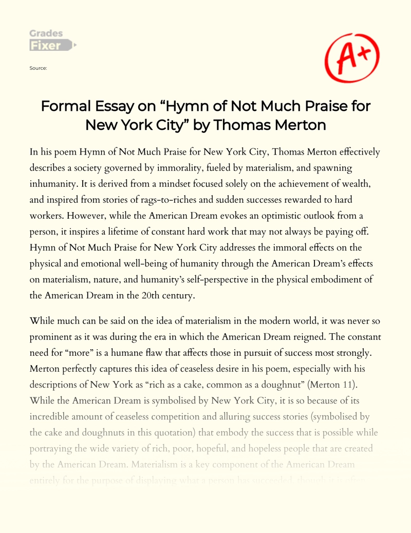 Formal Essay on "Hymn of not Much Praise for New York City" by Thomas Merton Essay