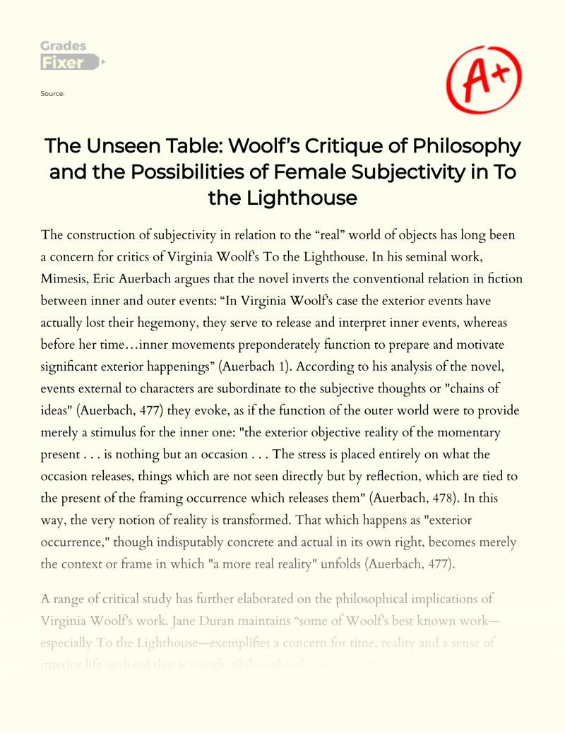 The Unseen Table: Woolf’s Critique of Philosophy and The Possibilities of Female Subjectivity in to The Lighthouse Essay
