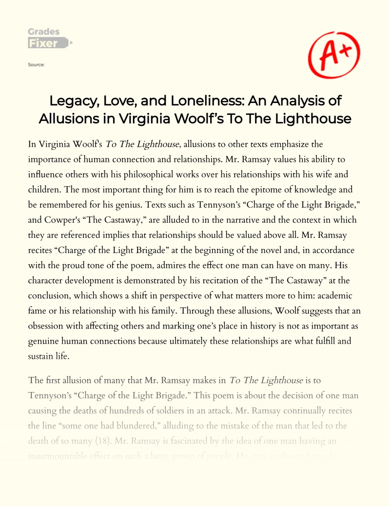 Legacy, Love, and Loneliness: an Analysis of Allusions in Virginia Woolf’s to The Lighthouse Essay