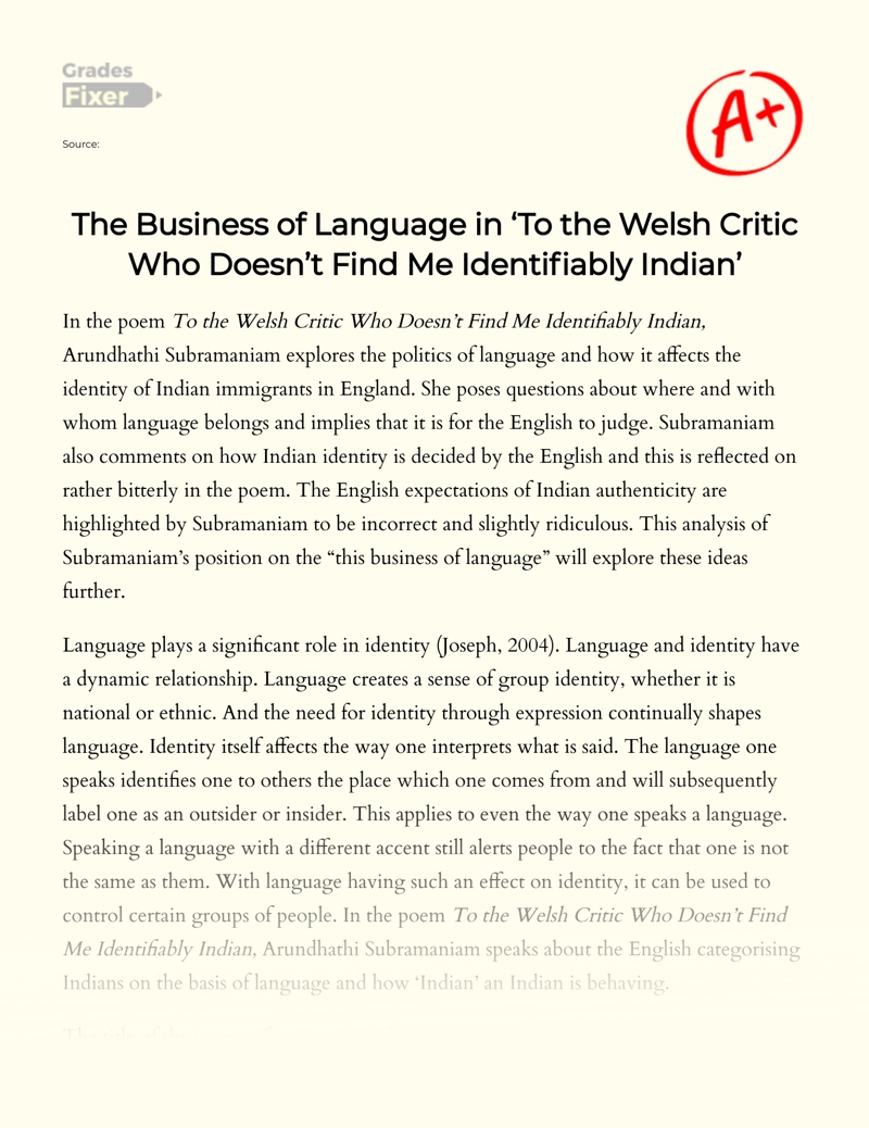 The Business of Language in ‘to The Welsh Critic Who Doesn't Find Me Identifiably Indian’ Essay